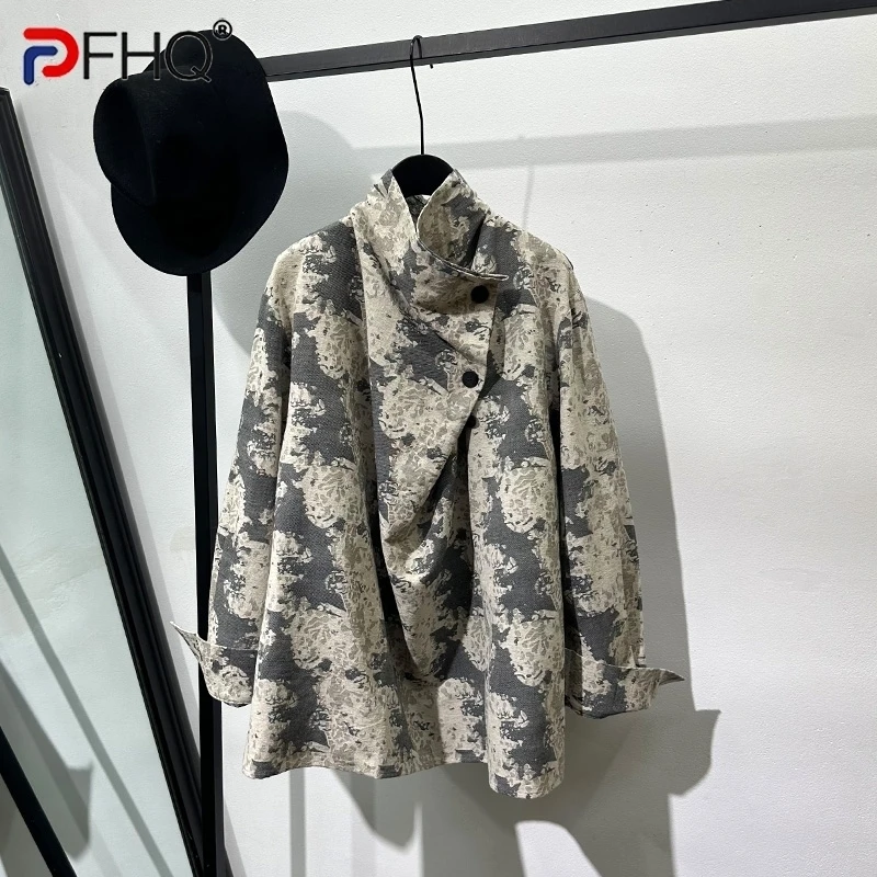 

PFHQ Men's Stand Collar Loose Shirts Trendy Irregular Jacquard Long Sleeve Avant-garde Tops Niche Haute Quality Original 21Z4890