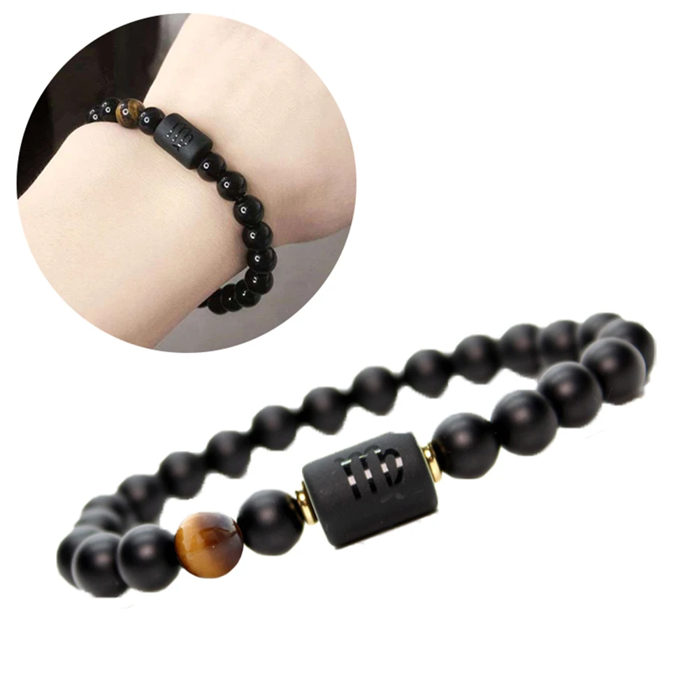 12 Zodiac Sign Obsidian Bracelet For Women Men Fashion Natural Black Agate Stone Elastic Bead Bracelet Bangles Birthday Jewelry