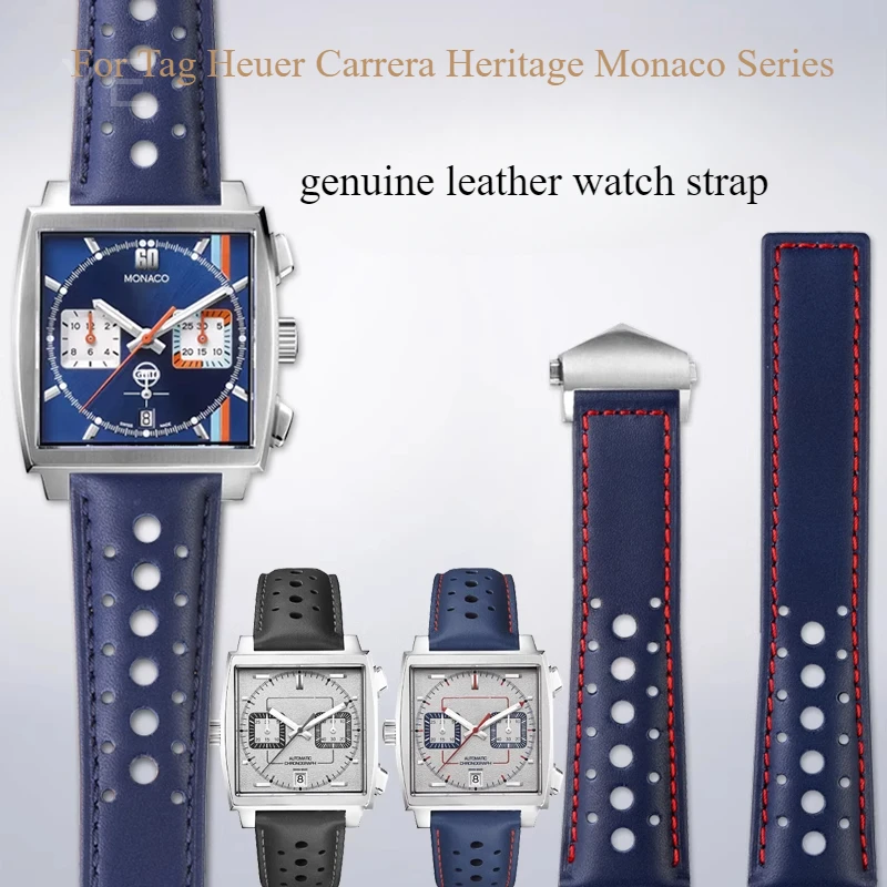 

For Tag Heuer Carrera Heritage Monaco Series Genuine Cowhide Strap 22mm Breathable Sweatproof Effective Antibacterial Watchbands