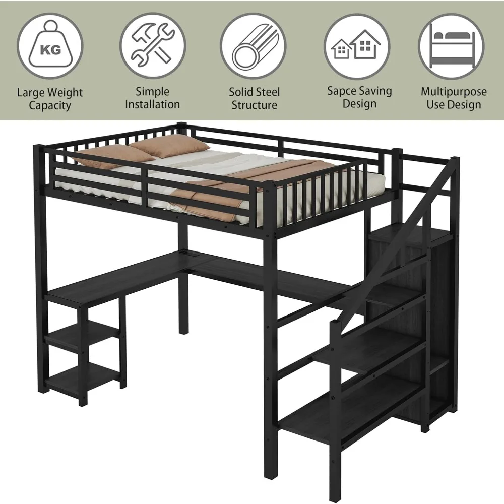 Full Size Loft Bed with Stairs and Desk, Metal Loft Bed with LED Light,  Bed Frame with Storage Shelves and Charging Station