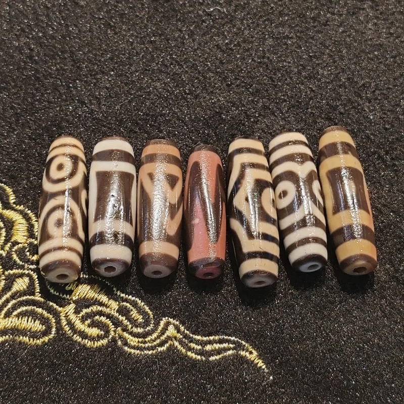 Tibetan Totem Agate Dzi Delicate Weathered 3-Eye Tiger Teeth Sky Pearl Necklace Pendant DIY Accessories