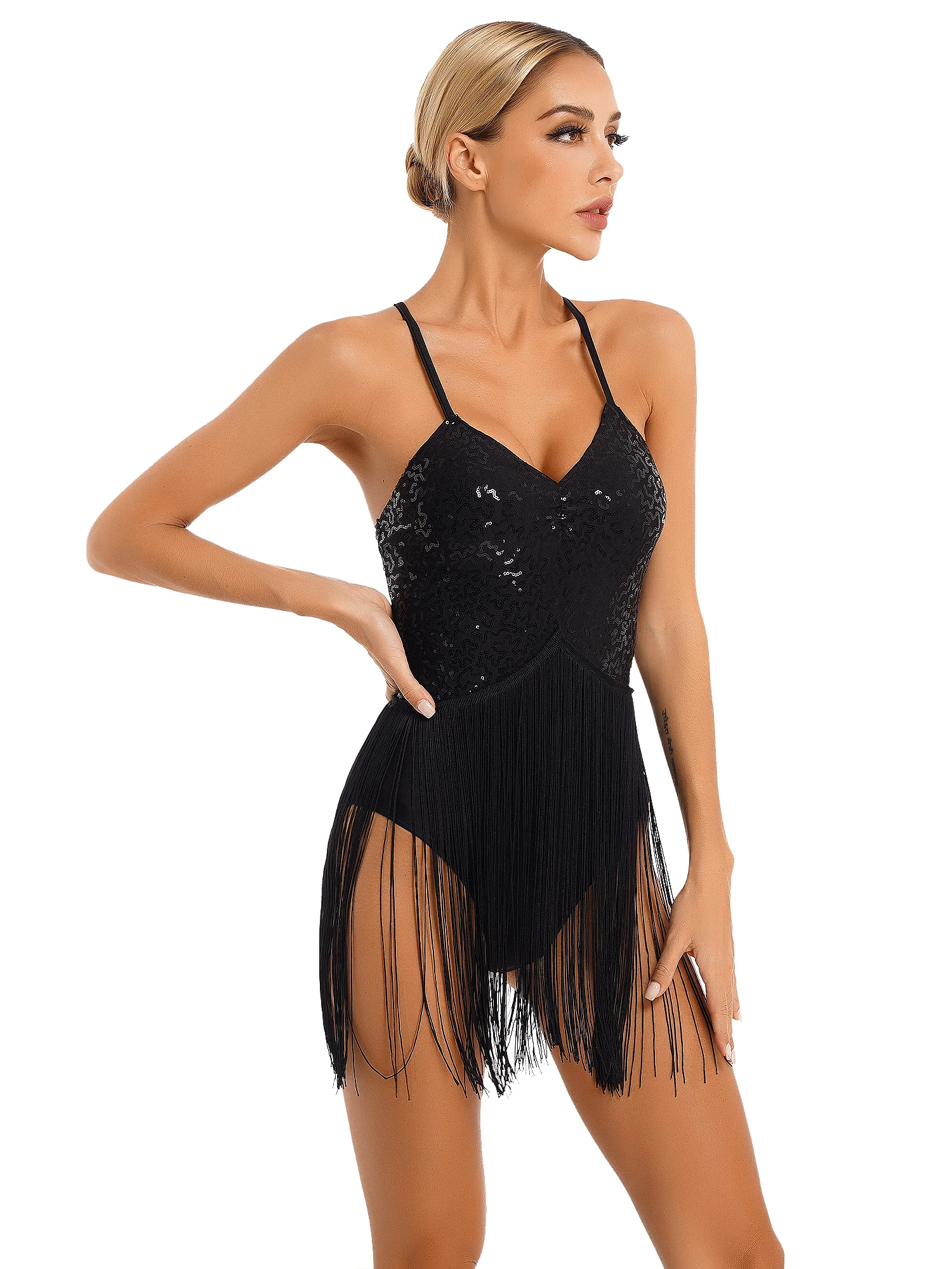 Sequins Latin Dance Dress for Women Tassel Bodysuit Backless Fringed Leotard Competition Ballroom Samba Tango Latin Costume