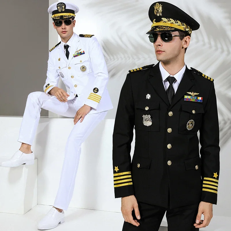 US Navy Military Uniform Yacht Captain Suit Dinner Costume Military Army Soldiers Clothes Militaries Jacket Pant Hat Set