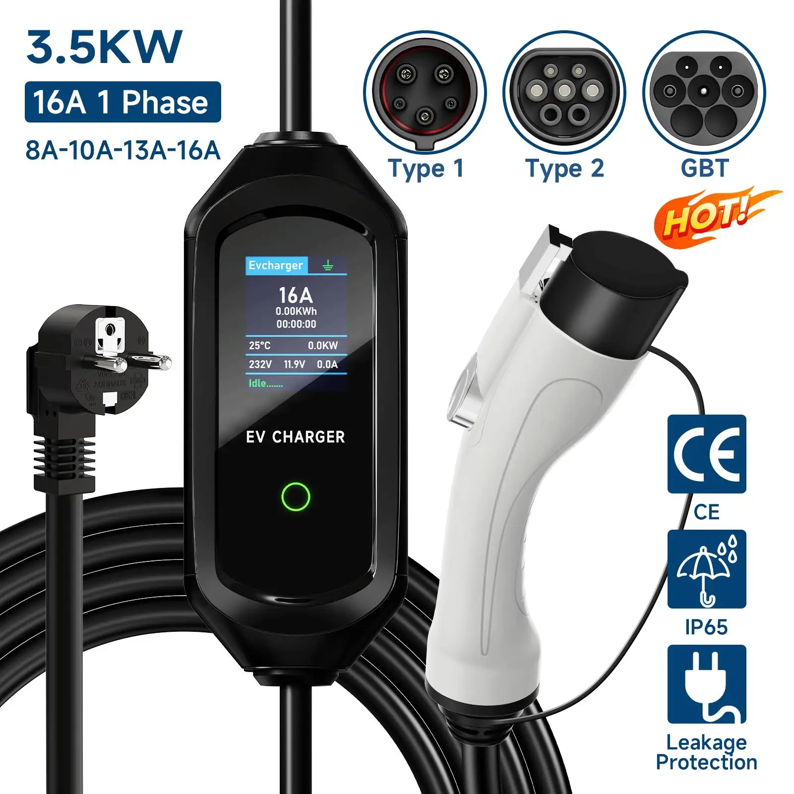 電気自動車用ポータブルev充電器、3.5kw、タイプ1、sawe、j1772、evse、急速充電ケーブル、16a、gb、t、EUプラグ、タイプ2、IEC62196-2、Wallbox