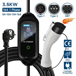 Portable EV Charger 3.5KW Type1 SAE J1772 EVSE Fast Charging Cable 16A GB/T EU Plug Type2 IEC62196-2 Wallbox for Electric Car