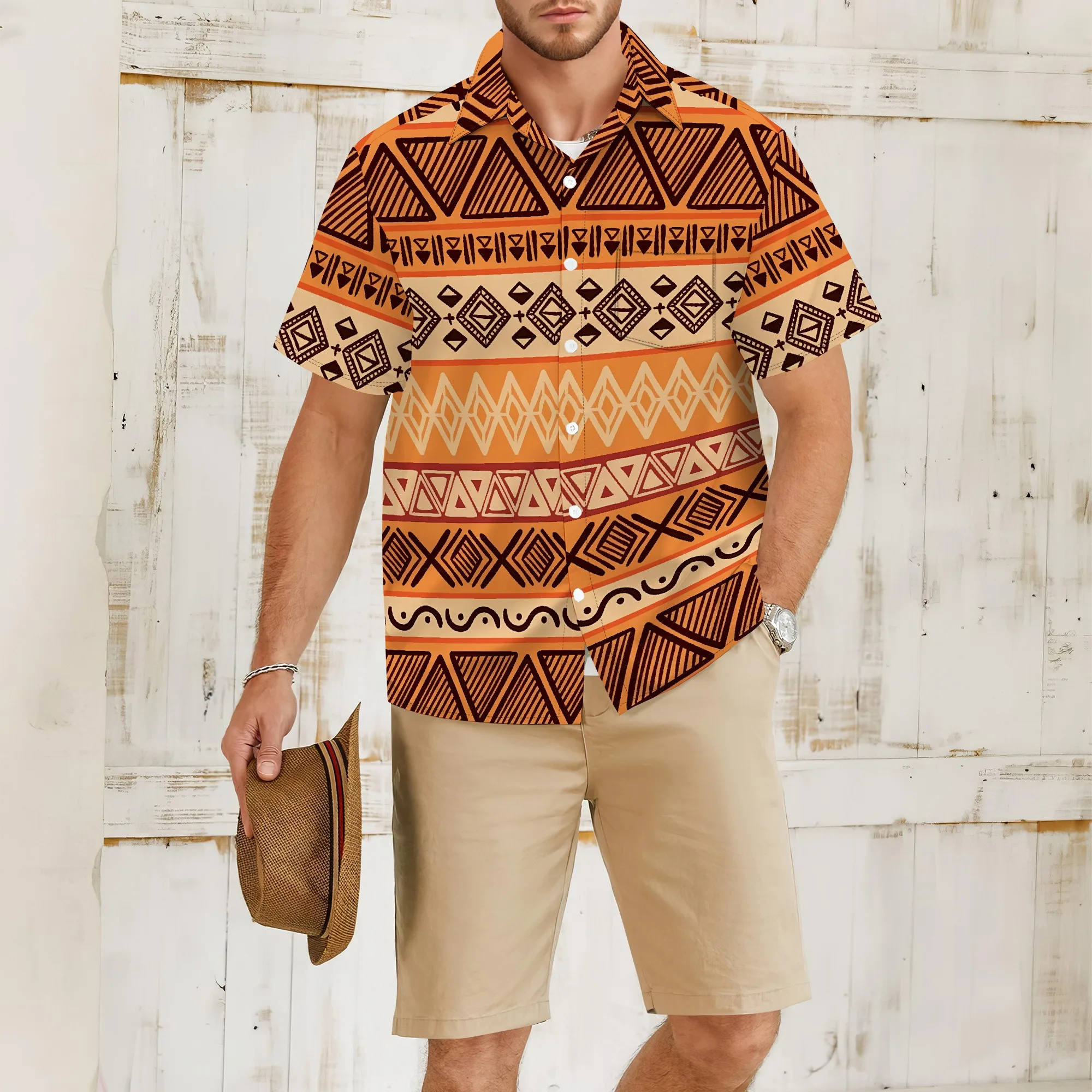 

YEAE Orange Tribal Geometric Pattern Shirt for Men Summer Casual Short Sleeve Top