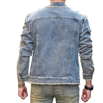 Men's Distressed Retro Denim Jacket 4 Street Stylish Retro Style Holes Slim Street Denim Jacket Coat Good Quality Distressed Male Casual Denim Jacket 4