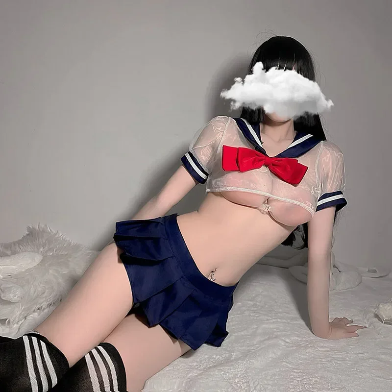 

Erotische Sailor Uniform Transparante Lolita Bra Panty Women Cosplay Student Sexy Lingerie