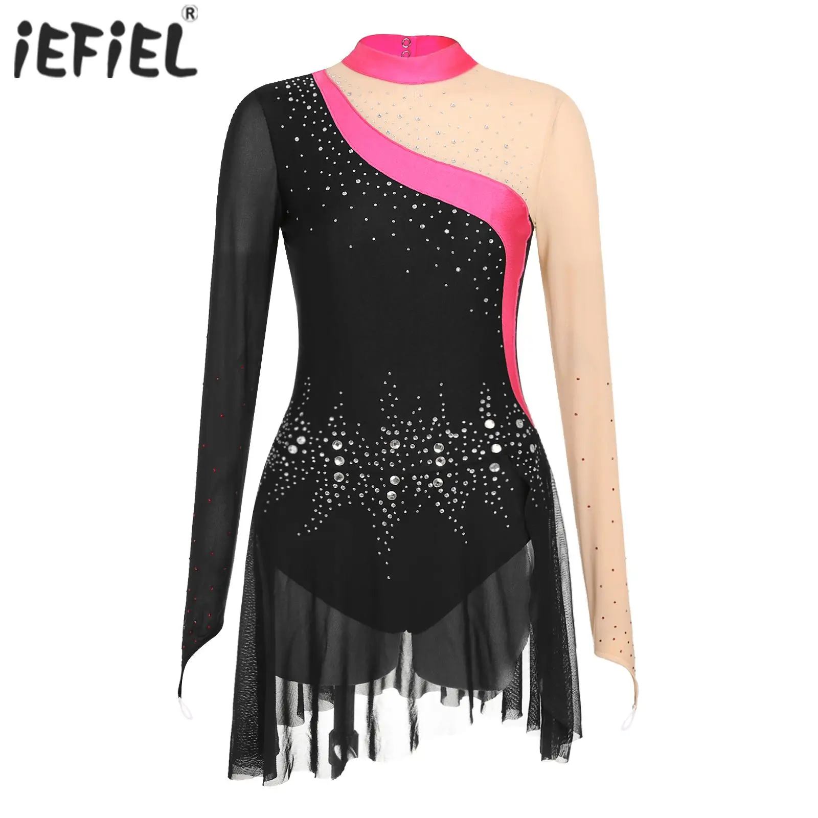 Womens Figure Skating Dance Costume Mock Neck Ballerina Tutu Dance Dress Sparkling Rhinestone Long Sleeve lyrical Dance Dress