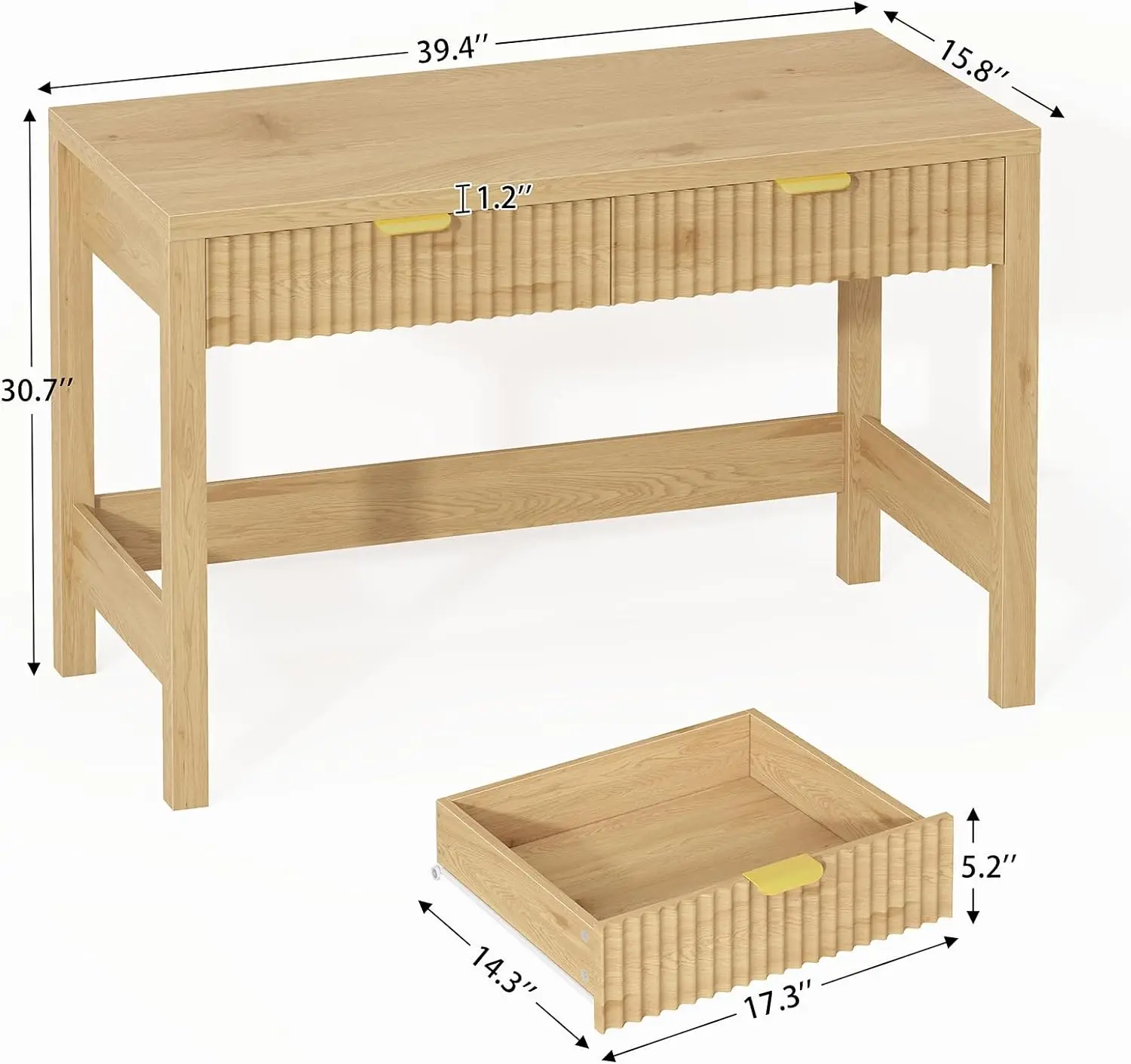 39 Inch Small Fluted Computer Desk with 2 Drawers for Bedroom, Home Office