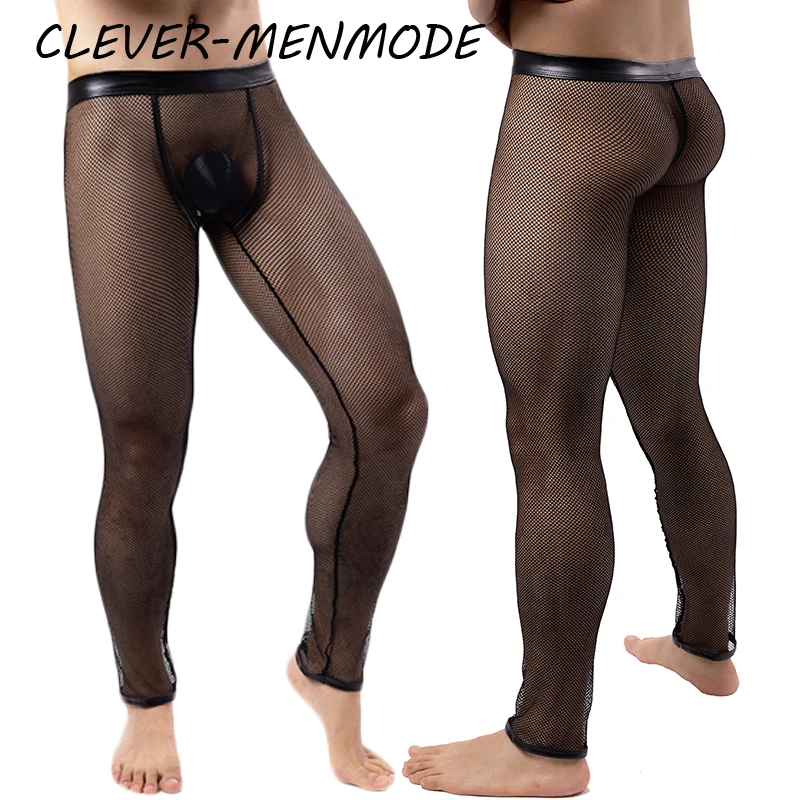 CLEVER-MENMODE Sexy Fishnet PU See-Through Transparent Trousers women Men\'s Porn Mesh Leggings Sissy Exotic Pajama Pants