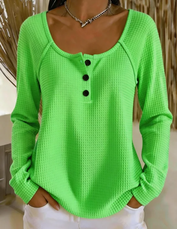 Plus Size Women Waffle Knit Long Sleeve Top Elastic Henley Neck Button Casual Blouse Ladies Daily Wear Shirts view 5