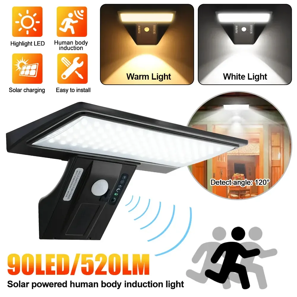 New Security Lights Solar Lights Outdoor Waterproof with Motion Sensor 4 Modes 90 LEDs Wall Lights for Porch Yard Garden