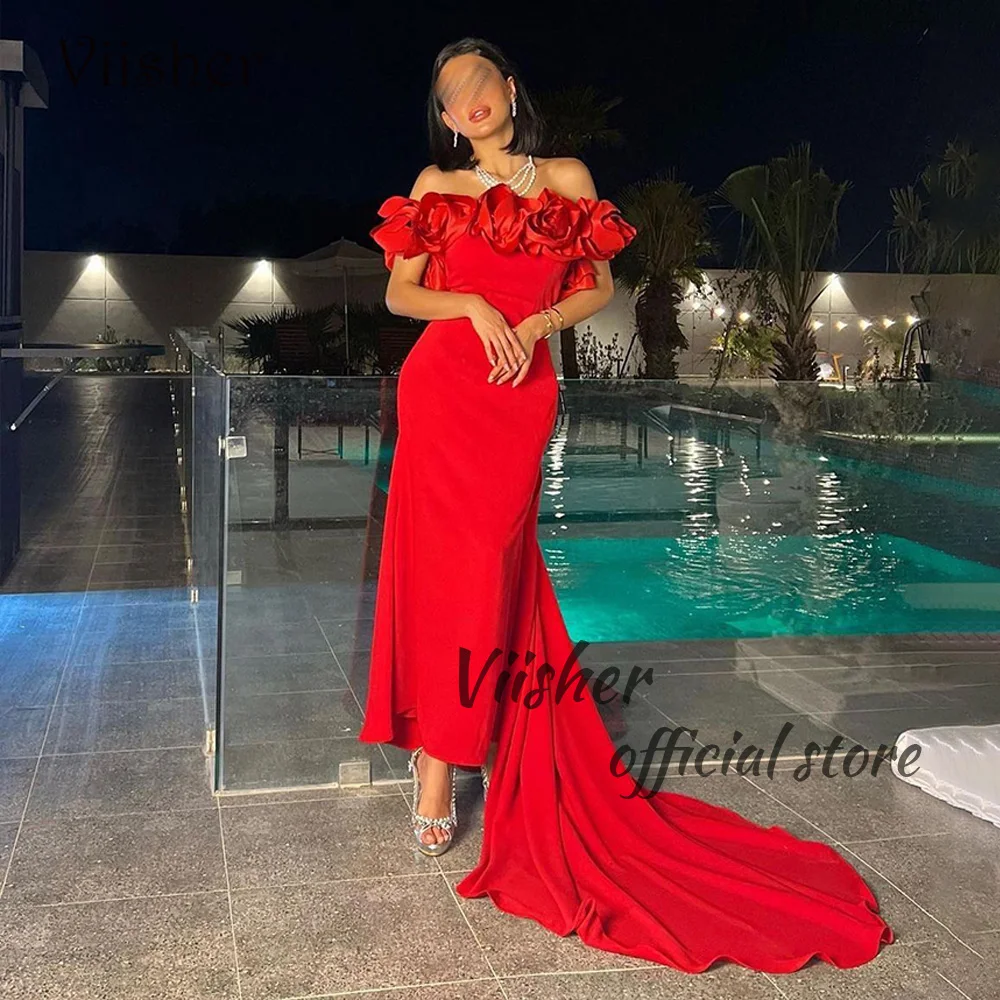 

Viisher Red Mermaid Evening Dresses Flower Off Shoulder Arabic Dubai Wedding Guest Dress with Train Formal Prom Gowns