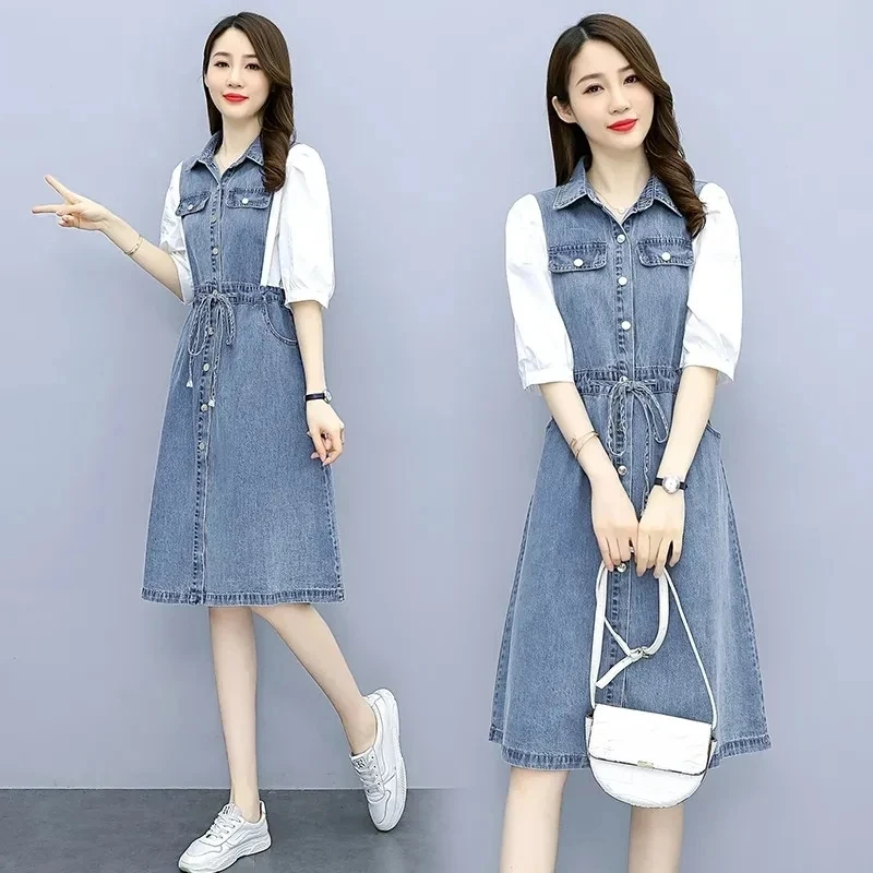 Summer New Fashion Korean Slim Splice Denim Dress Women Half-sleeve Waist Office Casual Wash Jeans Dress Ladies Dresses Vestidos