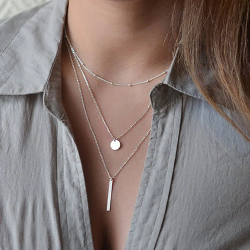Copper Bead Chain Sequins Metal Strip Three Layer Necklace Creative Layered Alloy Collarbone Chain for Women
