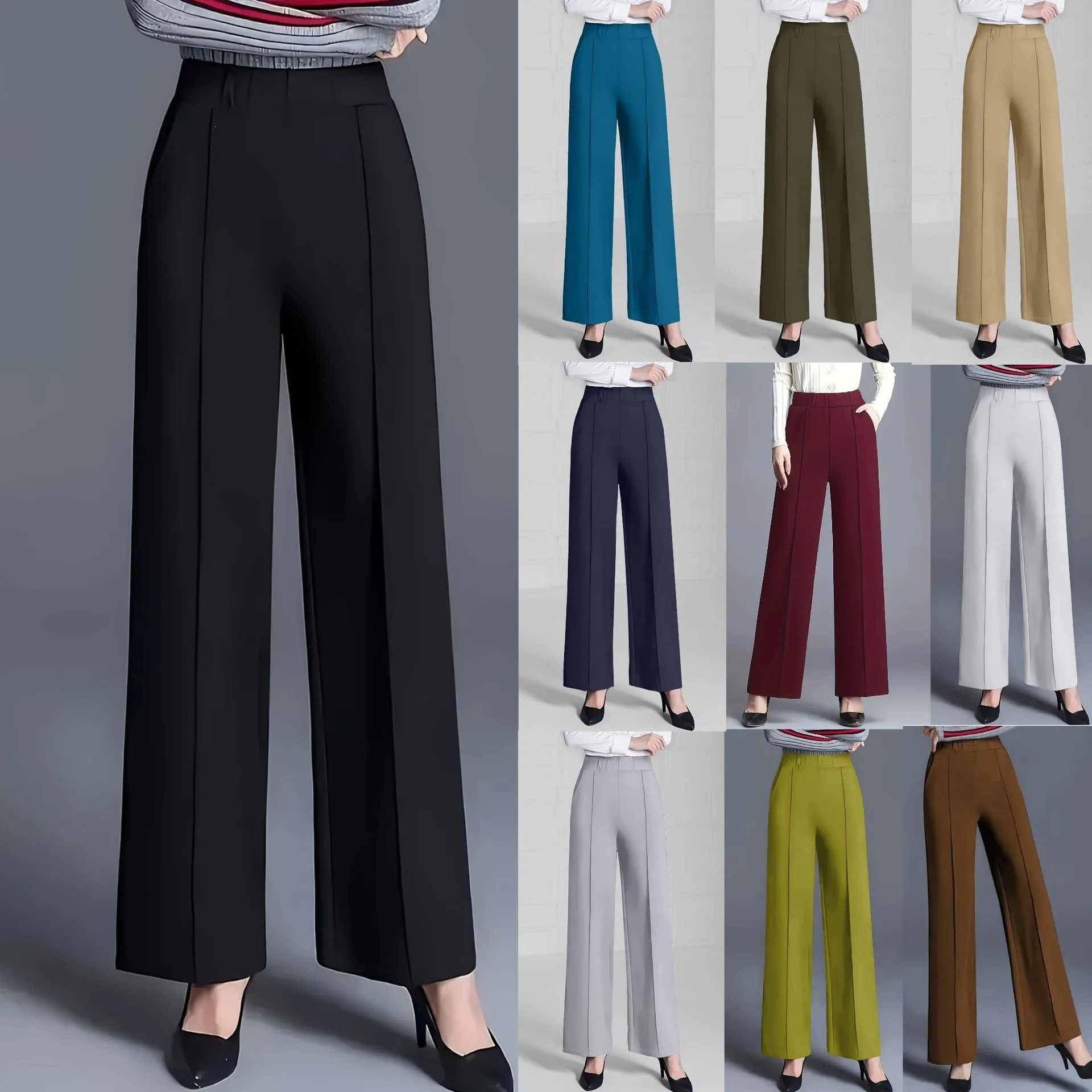 Casual Pocket Pants Full Length with Elastic Waist Seamless Slight Stretch Regular Thickness Elegant Commute Spring Women Pants