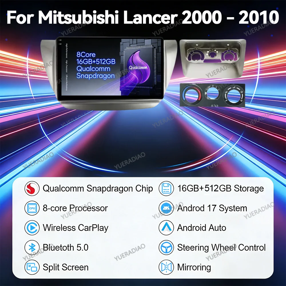 Автомагнитола Android 17 для Mitsubishi Lancer 9 CS 2000-2010 с Qualcomm 4G LTE, 5G Wi-Fi, 2DIN, QLED, Bluetooth, GPS-навигацией, CarPlay и Android Auto