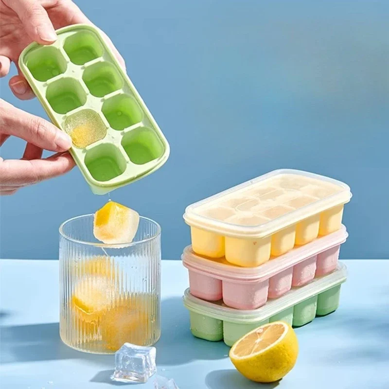 5pcs 8-grid Ice Cube Mold with Lid Food Grade Soft Silicone Press Type Ice Tray Household Refrigerator Storage Box, Freezer Box