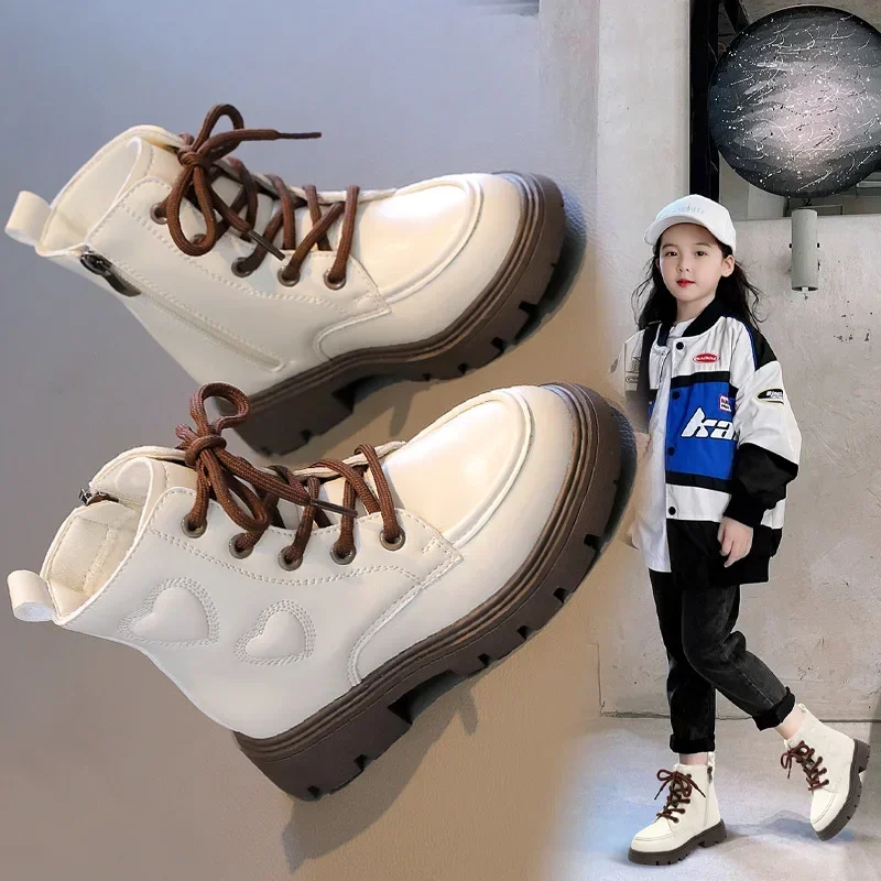 Girls Fashion Leather Boots New Autumn Winter Kids Non-slip Thicken Warm Vintage Heart Princess Ankle Boots Baby Girls Shoes