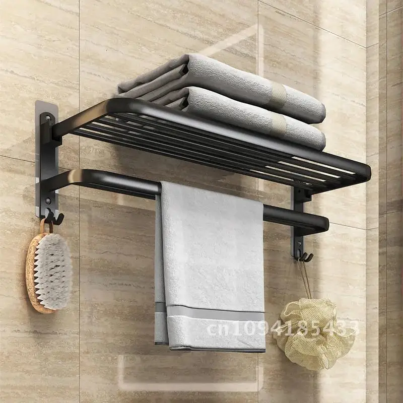 Matte Black No Drilling Towel Rack Movable Holder With Hook Wall Mount Shelf Aluminum Shower Hanger Rail Bathroom Accessories