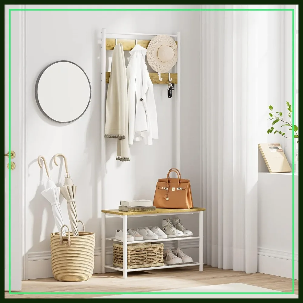 

3-in-1 Hall Tree with Bench & Shoe Storage, Freestanding Wooden Coat Rack with Metal Frame, 3-Tier Shelf & 9 Hooks, White/Walnut