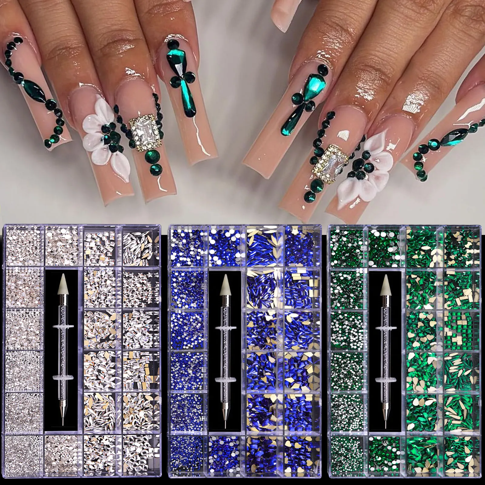 Mixed white Blue green Glass Crystal Diamond Flat Rhinestone Nail Art Decoration 21 Grid Box Nails Accessories Set With 1 Pick U