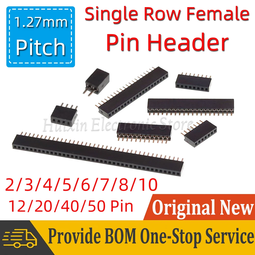 10pcs Pitch 1.27mm Single Row Female Pin Header Socket 1x2p 3p 4p 5p 6p 7p 8p 10p 12p 20p 50p 40p Pin PCB Board Connector