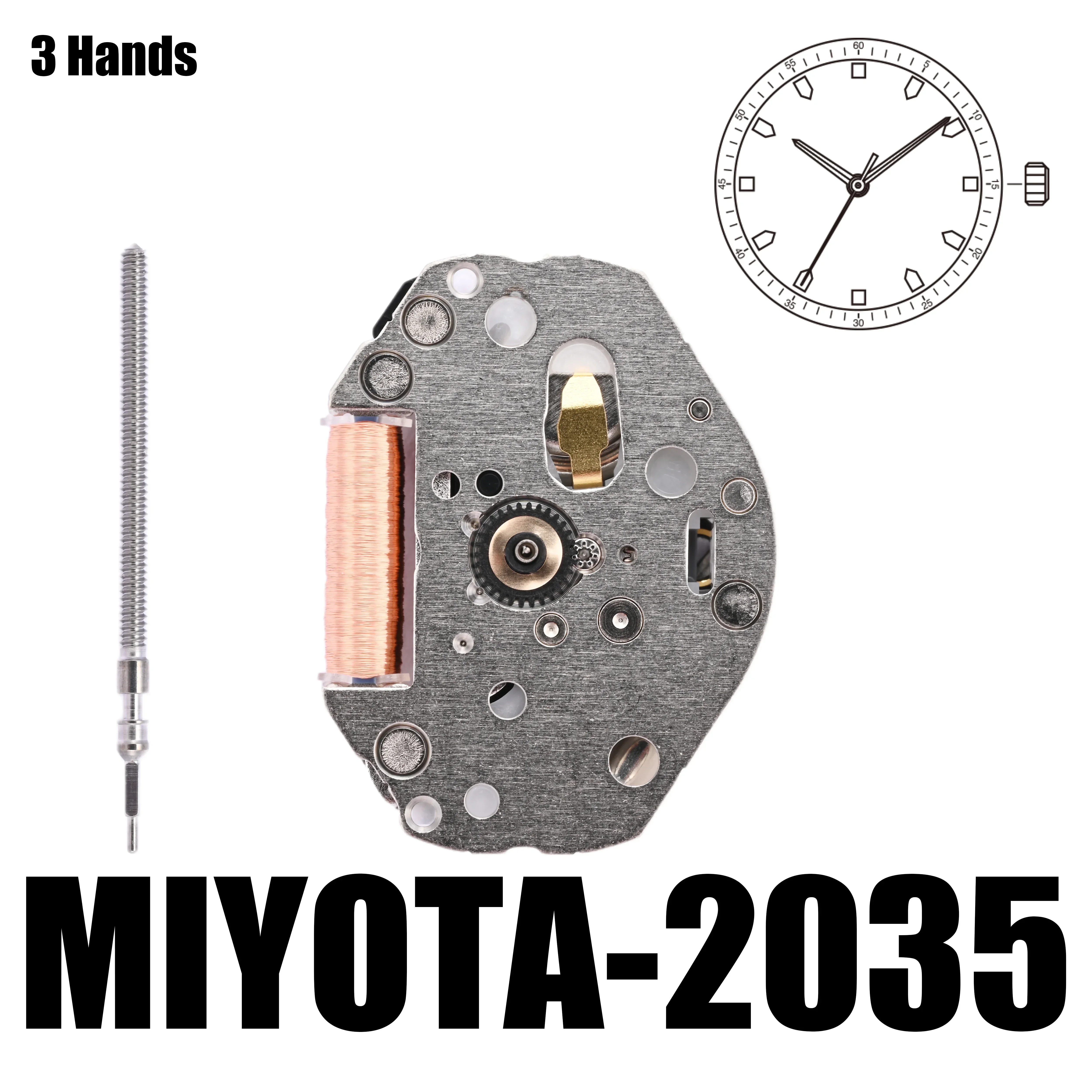 Miyota-標準の石英動きホワイト、3つのハンドサイズ、3、4x8 \'\'、高さ3.15mm、エンジン、金属の動き、日本製、2035