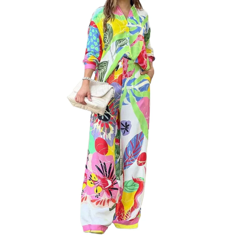 

Fashion Contrasting Print 2 Piece Elegant Women For Set Loose Lapel Single Breasted Shirt Elastic Waist Wide-leg Pants Suit