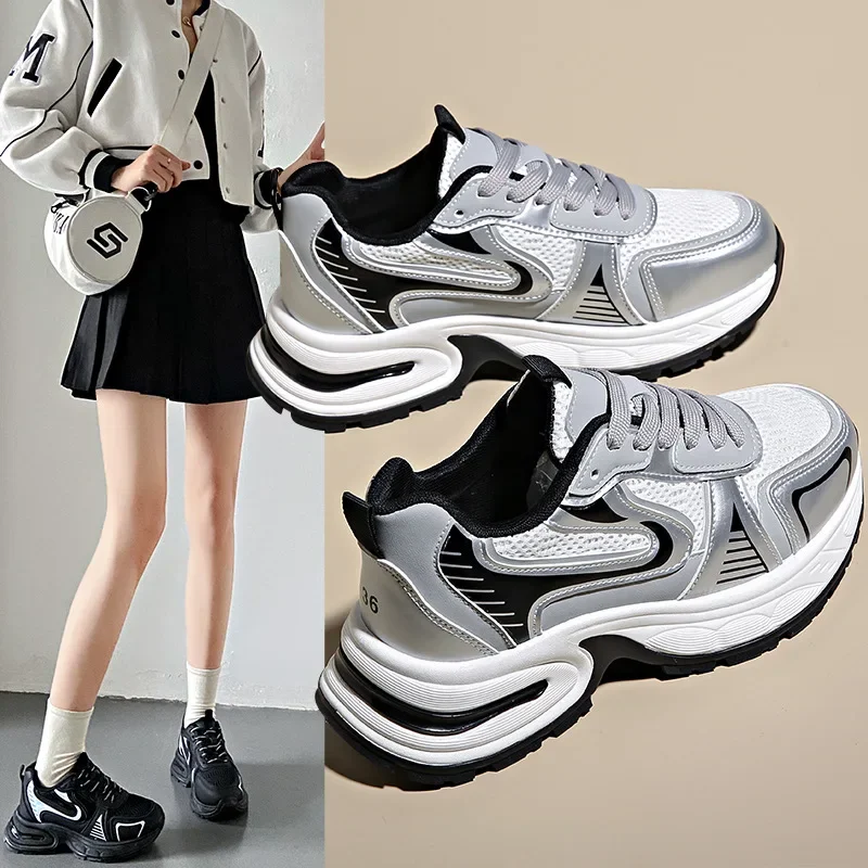 

Spring Mesh PU Breathable Women's Dad Shoes Outdoor Thick Sole Sports Running Shoes Women's Vulcanized Shoes