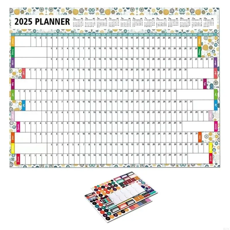 W89C 2025 roczny planer 2025 Kalendarz ścienny domowy 2025 Pełny rok na wyświetlenie kalendarza