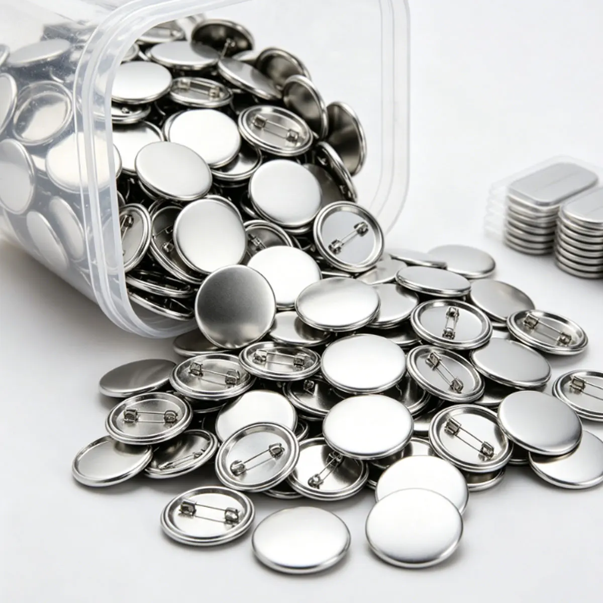 3,7 cm/1,46 Zoll große, kreisförmige DIY-Abzeichenteile, erhältlich in 20/40 Sets, enthalten Blechplatten, Kunststoffclips und Folien, ZSY