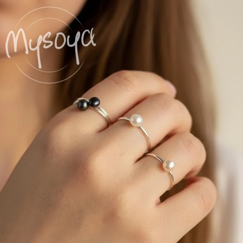 

MYSOYA White/Black/Light Purple Freshwater Pearl Ring 6-7mm With Gift Box For Her/Him Wedding/Birthday/Christmas Gift