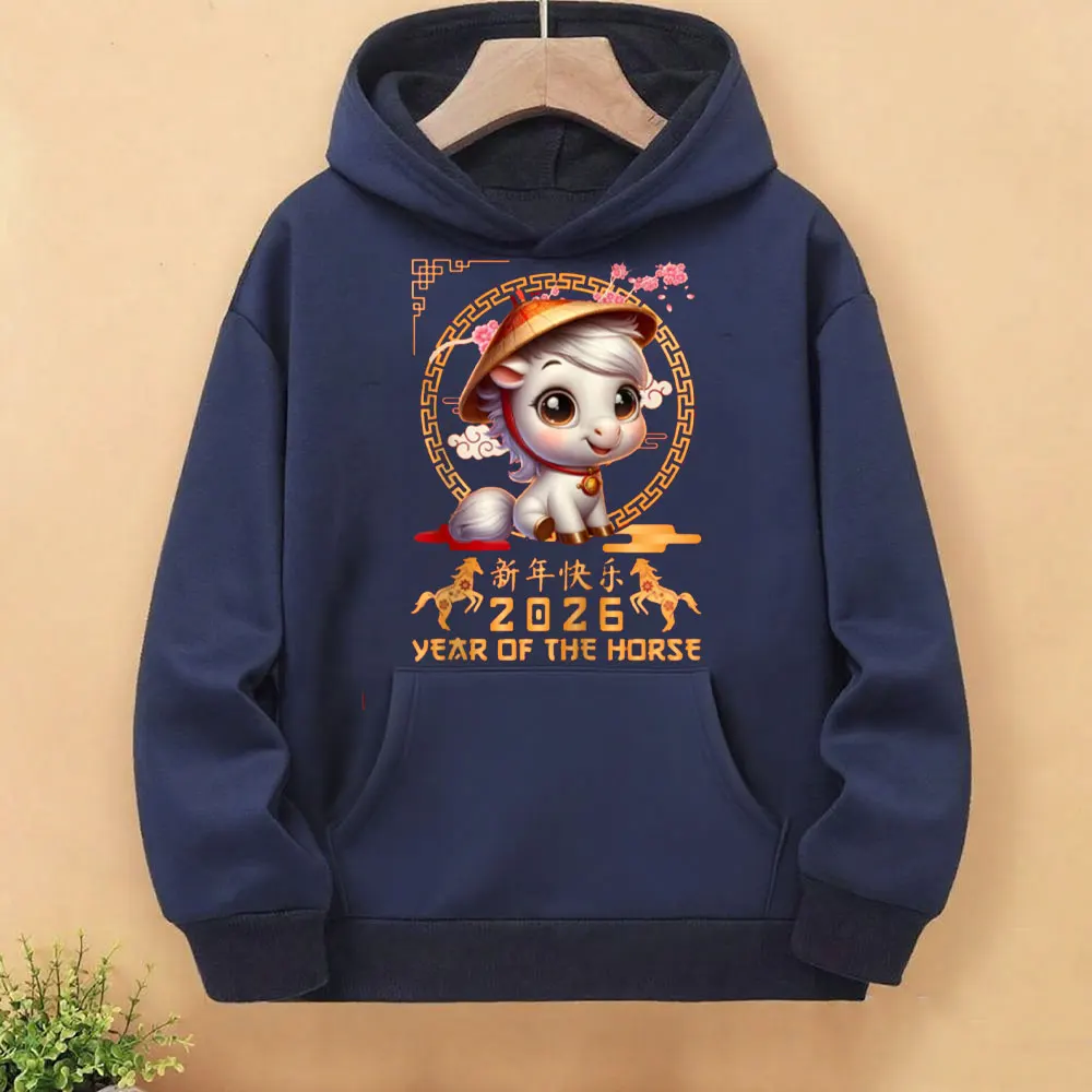 Rok Konia 2026 Chiński Nowy Rok Lunarny 2026 Damska Bluza z Kapturem Uroczy Kreskówkowy Koni Nadruk Pulower Y2k Ropa Mujer Top