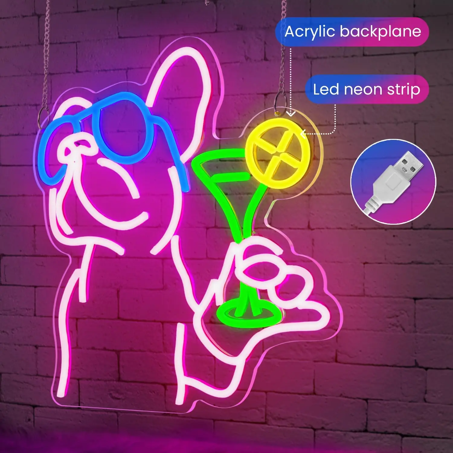 French Bulldog Drinking Cocktail Neon Sign USB Dimmable Neon Light for Bedroom Home Pub Club Man Cave Bar Party Decoration view 2