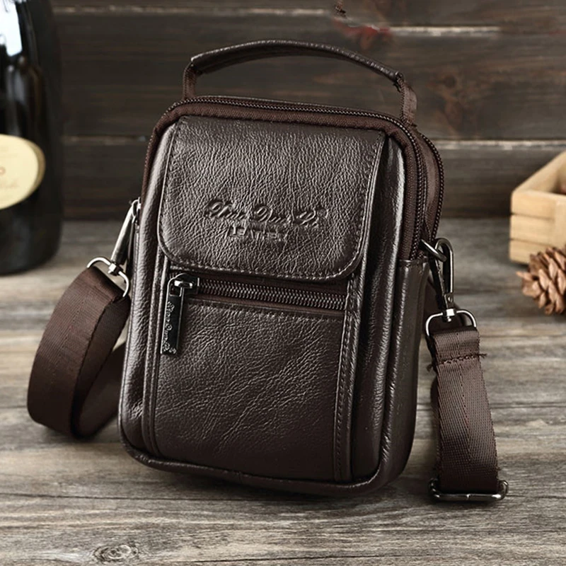 Natural Skin Men Mini Shoulder Messenger Crossbody Fanny Bags Handbag Belt Hip Bum Waist Pack Genuine Leather Tote Business Bag