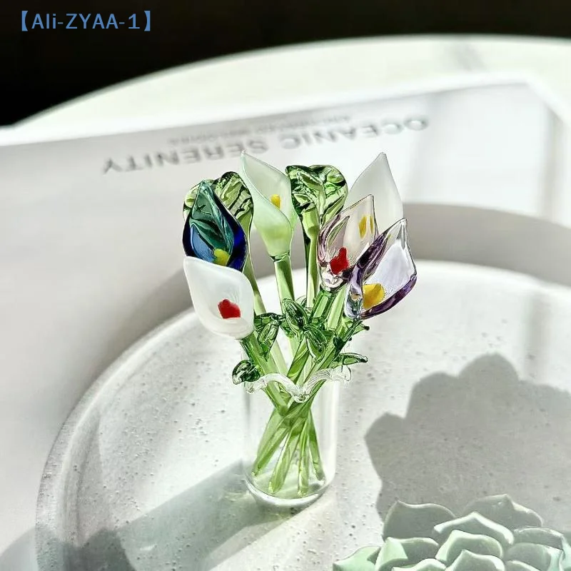 Handcrafted Glass Callalily With Stem Hand-Blown Mini Glass Flower Figurine Decoration Home Colorful Floral Ornament【ZYAA-1】