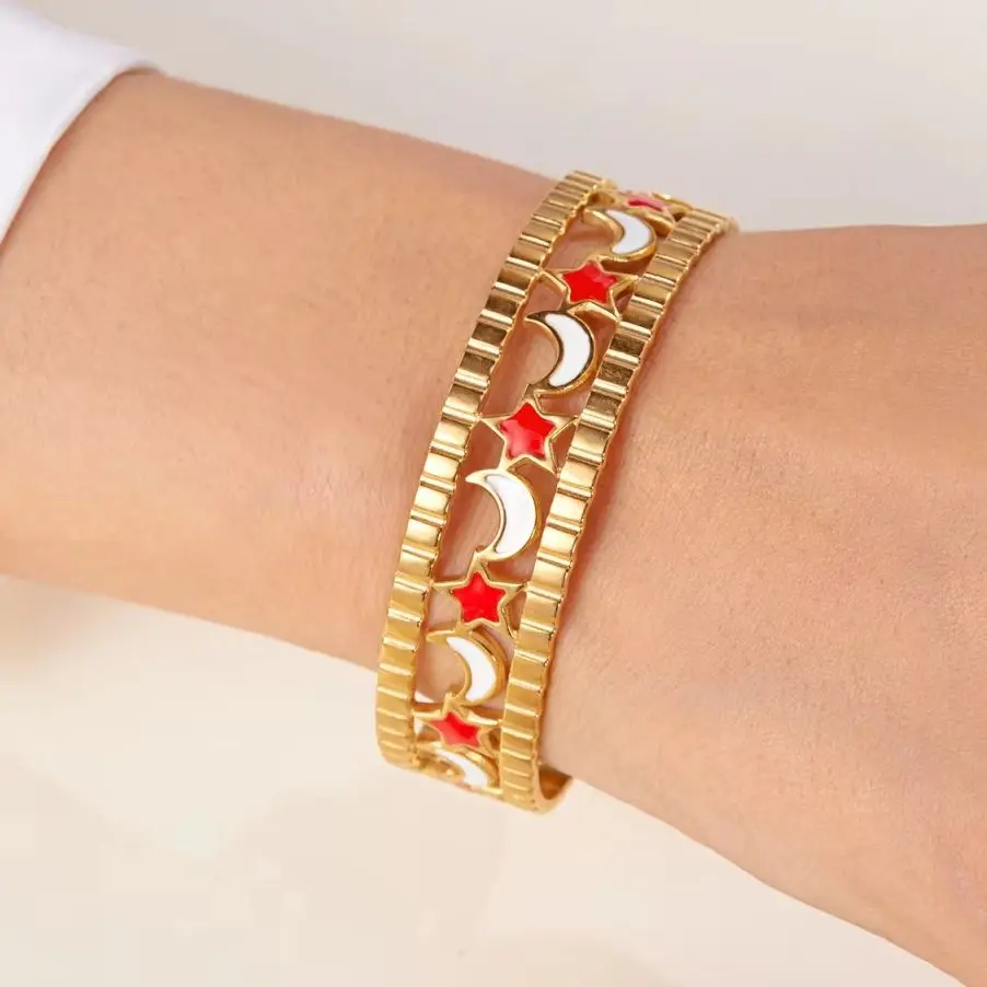 Vintage Edelstahl Stern Mond Armreifen Armbänder Für Frauen Männer Minimalistischen Emaille Stern Mond Offene Manschette Armreif Ästhetischen Schmuck