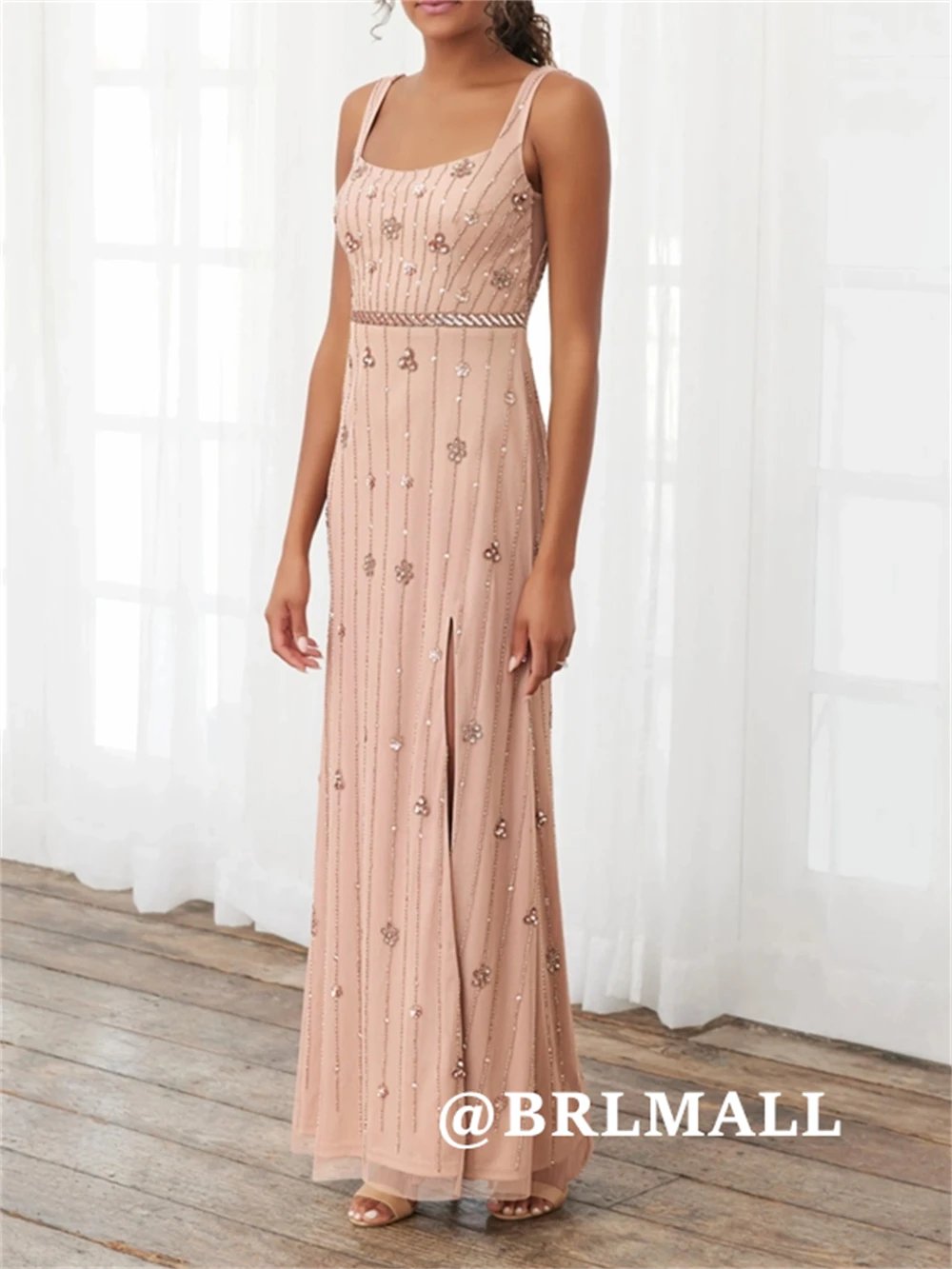 

BRLMALL Tank Sleeves Beaded Evening Dresses for Women 2025 Long Sheath Tulle Party Prom Gown Customized Cocktail Gown