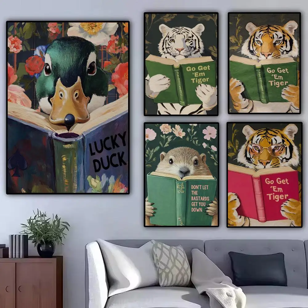 Motivational Animal Reading Painting Calligraphy Modern Canvas Poster Wall Art Aesthetic Bedroom Decor for Cafe Home Gift
