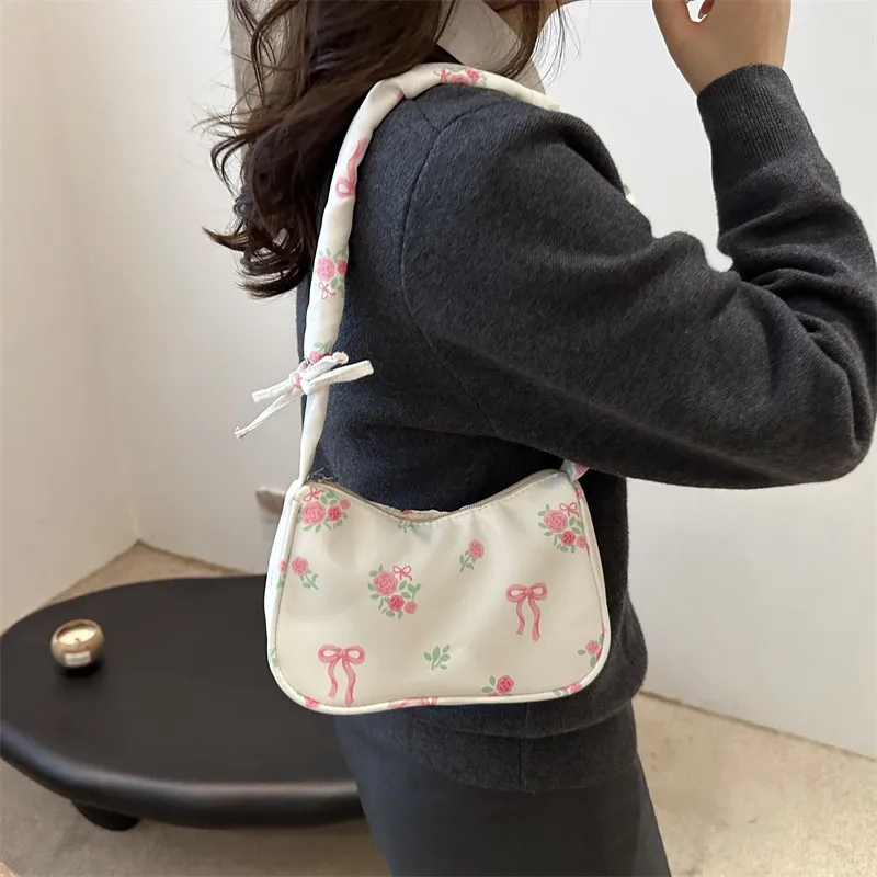 

2025 Sweet Bow Floral Canvas Bag Womens Cute Drawstring Shoulder Crossbody Purse Fashionable Spring Summer Casual Handbag