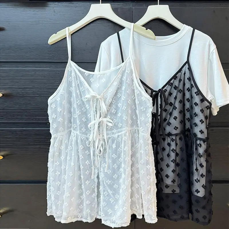 Women Sheer Mesh Camisole 3D Floral Sling Top V Neck Back Lace Up Loose Pleated Layering Vest Summer Casual See Through Sleevele