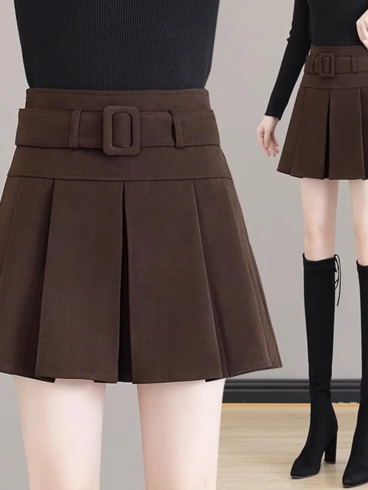 

High Waist Woolen Pleated Skirt Women's A-Line Umbrella ort Skirt Slimming Spring Autumn New Sle Commute Pure Color