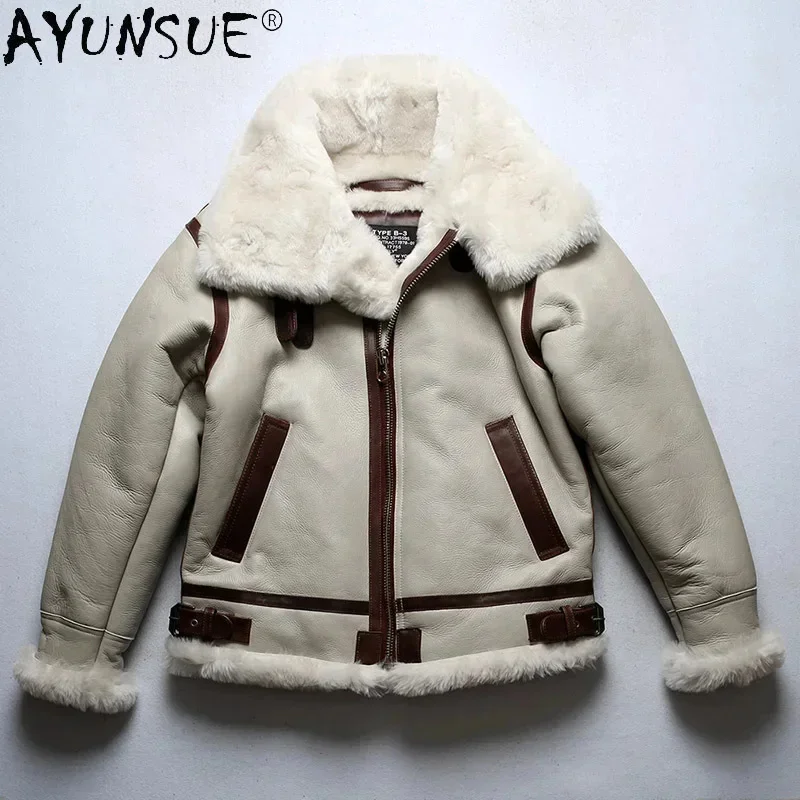 AYUNSUE Men's Sheepskin Leather Jacket Men Clothing Real Sheep Shearing Winter Jackets White Wool Fur Coat Hommes Veste LXR910