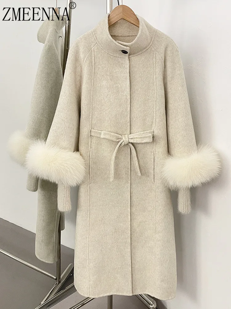 

ZMEENNA женское шерстяное пальто с роскошными меховыми манжетами, теплая зимняя верхняя одежда, куртка с высоким воротом, белая модная стильная ZM4555
