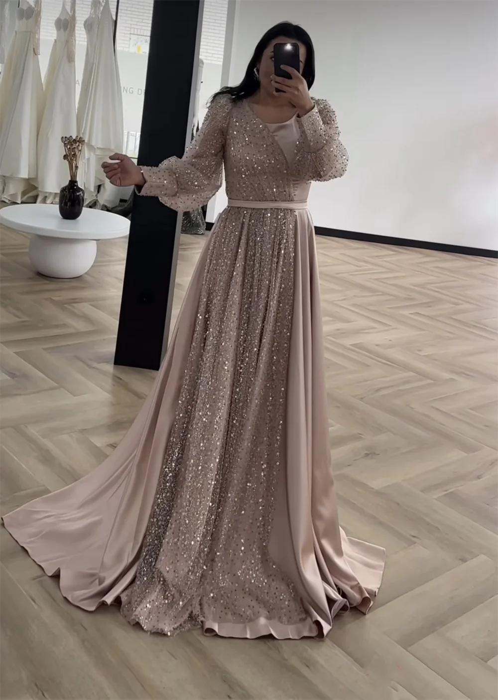 Jessica Sequined Satin Prom Dress Long Sleeve Luxury Evening Dress فساتين سهره فاخره A-shaped Elegant Lady Wedding Party Dress