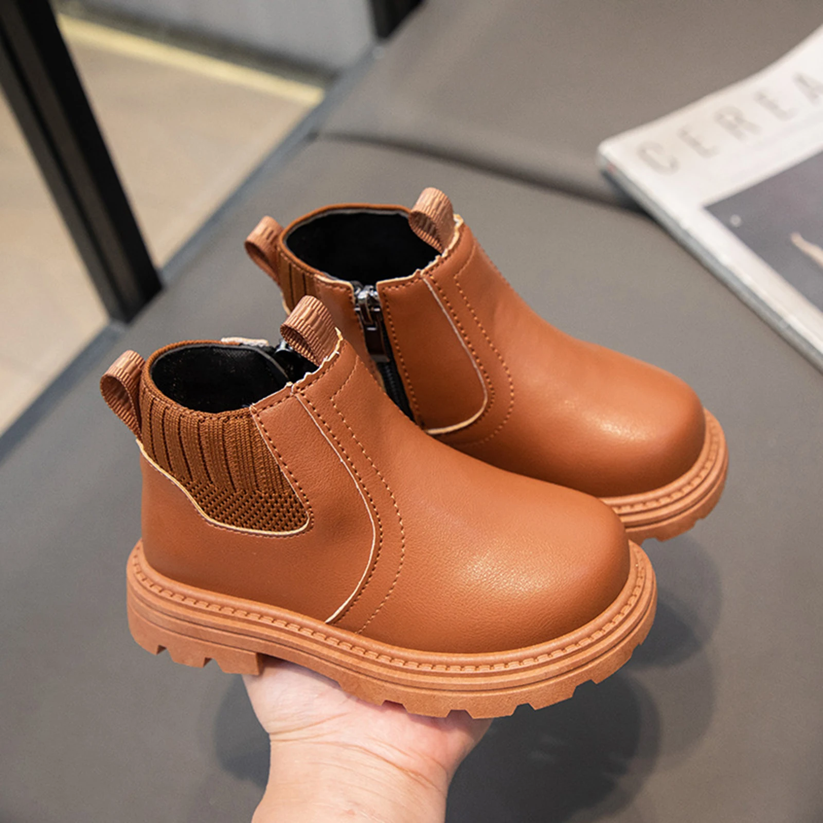 2026 Spring New Children's Slip-On Boots Soft PU Leather Short Boots British Fashionable Daily Causal All-Match Single Boots