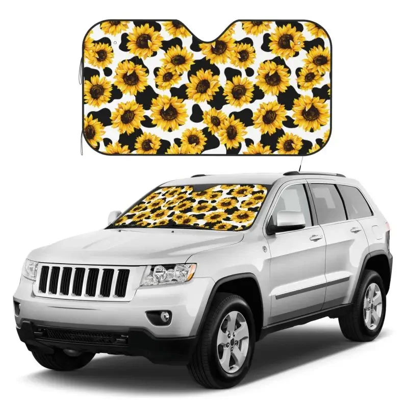

Sunflower Cow Printed Car Windshield Sunshade Foldable UV Ray Sun Visor Protector Sunshade To Keep Your Vehicle Cool 55x30 Inch