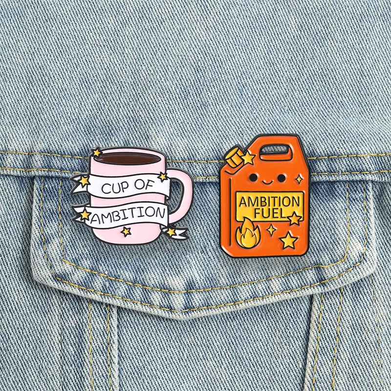 Ambition Fuel Enamel Pins Cartoon Cute Coffee Cup Brooches Lapel Badge Motivational Jewelry Gift for Friends Family